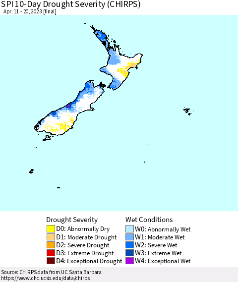 New Zealand SPI 10-Day Drought Severity (CHIRPS) Thematic Map For 4/11/2023 - 4/20/2023