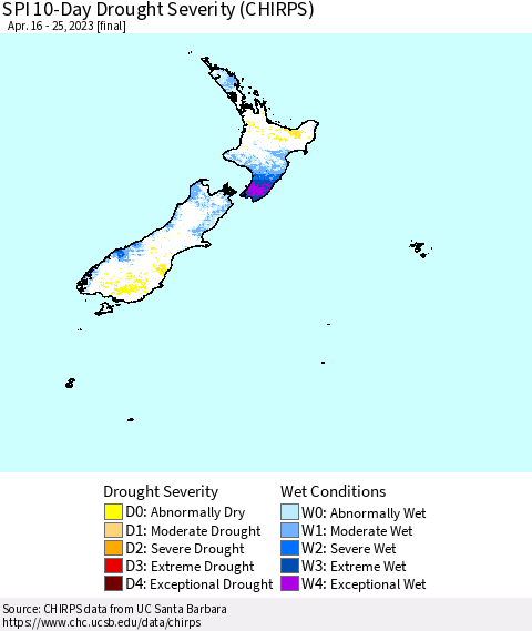 New Zealand SPI 10-Day Drought Severity (CHIRPS) Thematic Map For 4/16/2023 - 4/25/2023