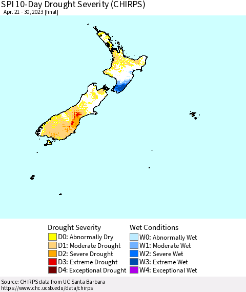 New Zealand SPI 10-Day Drought Severity (CHIRPS) Thematic Map For 4/21/2023 - 4/30/2023