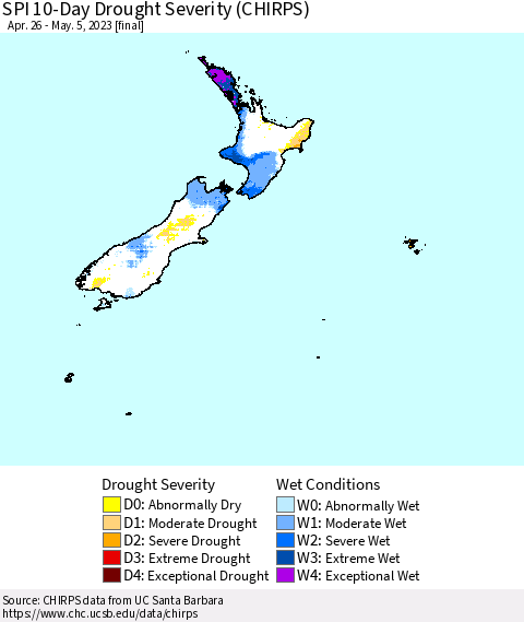 New Zealand SPI 10-Day Drought Severity (CHIRPS) Thematic Map For 4/26/2023 - 5/5/2023
