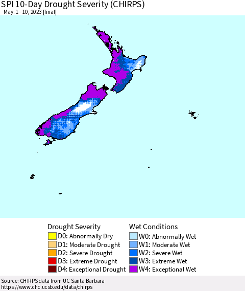 New Zealand SPI 10-Day Drought Severity (CHIRPS) Thematic Map For 5/1/2023 - 5/10/2023