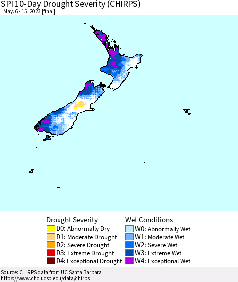 New Zealand SPI 10-Day Drought Severity (CHIRPS) Thematic Map For 5/6/2023 - 5/15/2023