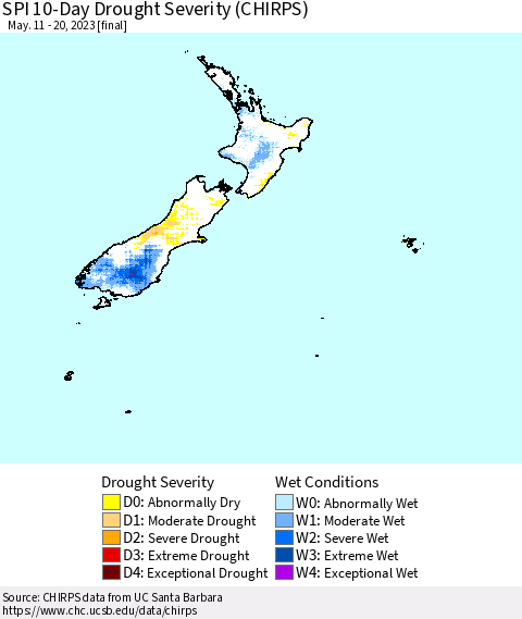 New Zealand SPI 10-Day Drought Severity (CHIRPS) Thematic Map For 5/11/2023 - 5/20/2023