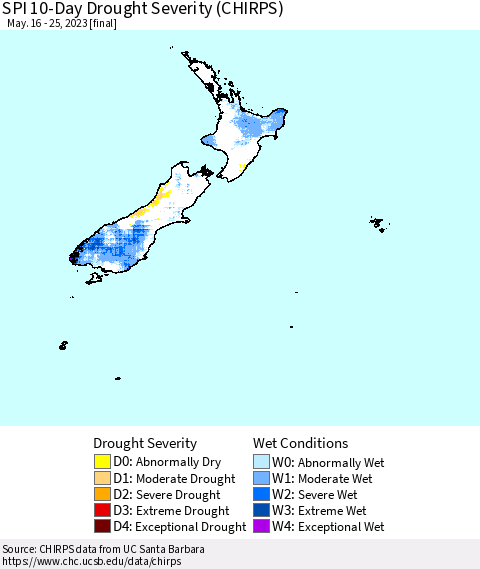 New Zealand SPI 10-Day Drought Severity (CHIRPS) Thematic Map For 5/16/2023 - 5/25/2023
