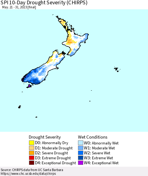 New Zealand SPI 10-Day Drought Severity (CHIRPS) Thematic Map For 5/21/2023 - 5/31/2023