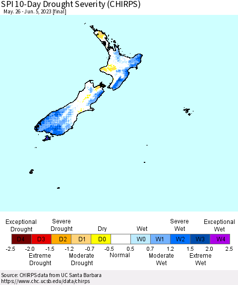 New Zealand SPI 10-Day Drought Severity (CHIRPS) Thematic Map For 5/26/2023 - 6/5/2023