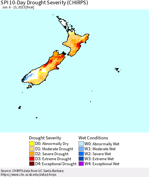 New Zealand SPI 10-Day Drought Severity (CHIRPS) Thematic Map For 6/6/2023 - 6/15/2023