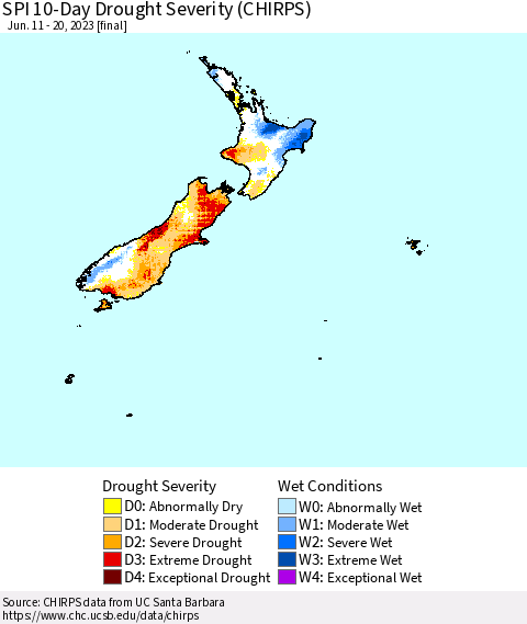 New Zealand SPI 10-Day Drought Severity (CHIRPS) Thematic Map For 6/11/2023 - 6/20/2023