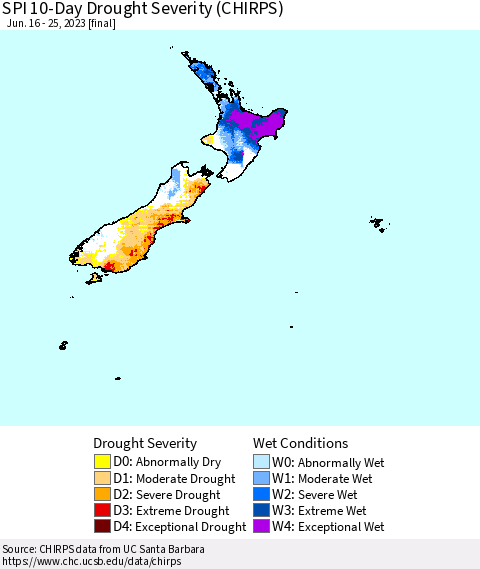 New Zealand SPI 10-Day Drought Severity (CHIRPS) Thematic Map For 6/16/2023 - 6/25/2023