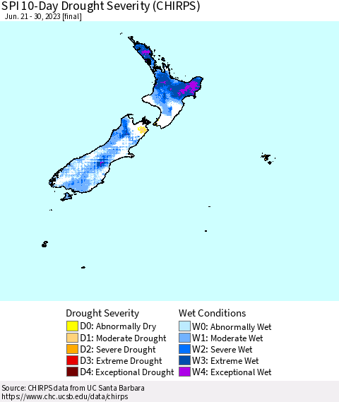 New Zealand SPI 10-Day Drought Severity (CHIRPS) Thematic Map For 6/21/2023 - 6/30/2023