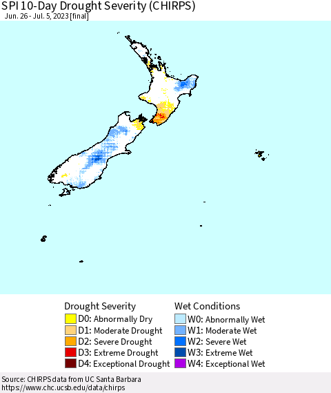 New Zealand SPI 10-Day Drought Severity (CHIRPS) Thematic Map For 6/26/2023 - 7/5/2023