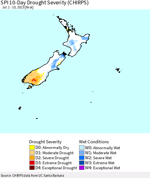 New Zealand SPI 10-Day Drought Severity (CHIRPS) Thematic Map For 7/1/2023 - 7/10/2023