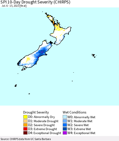 New Zealand SPI 10-Day Drought Severity (CHIRPS) Thematic Map For 7/6/2023 - 7/15/2023