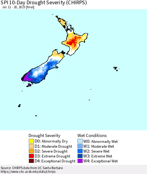 New Zealand SPI 10-Day Drought Severity (CHIRPS) Thematic Map For 7/11/2023 - 7/20/2023