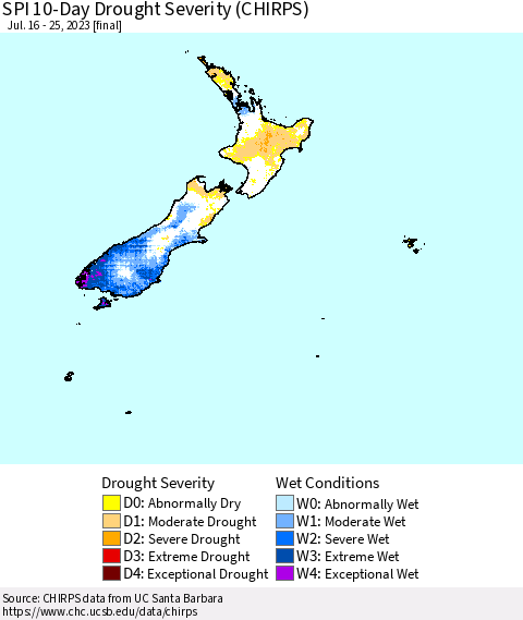 New Zealand SPI 10-Day Drought Severity (CHIRPS) Thematic Map For 7/16/2023 - 7/25/2023