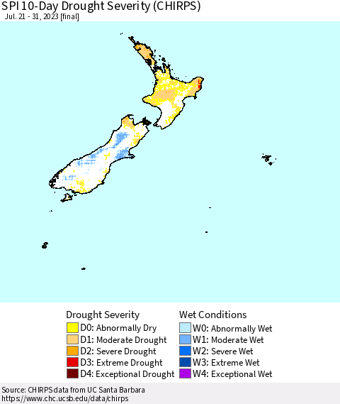 New Zealand SPI 10-Day Drought Severity (CHIRPS) Thematic Map For 7/21/2023 - 7/31/2023