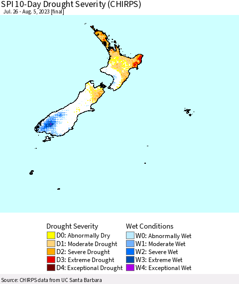 New Zealand SPI 10-Day Drought Severity (CHIRPS) Thematic Map For 7/26/2023 - 8/5/2023