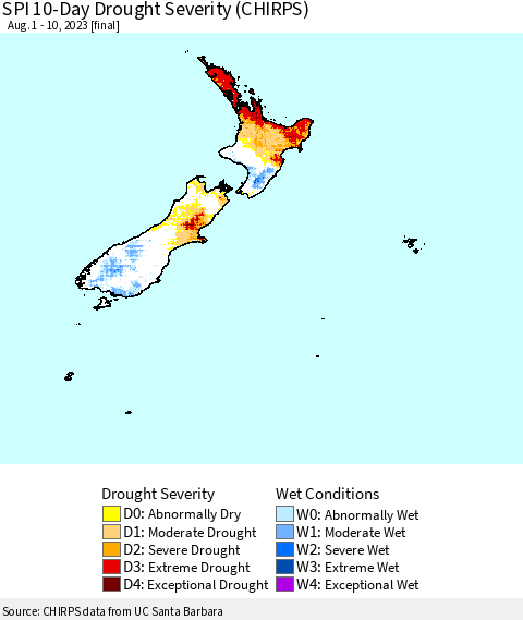 New Zealand SPI 10-Day Drought Severity (CHIRPS) Thematic Map For 8/1/2023 - 8/10/2023