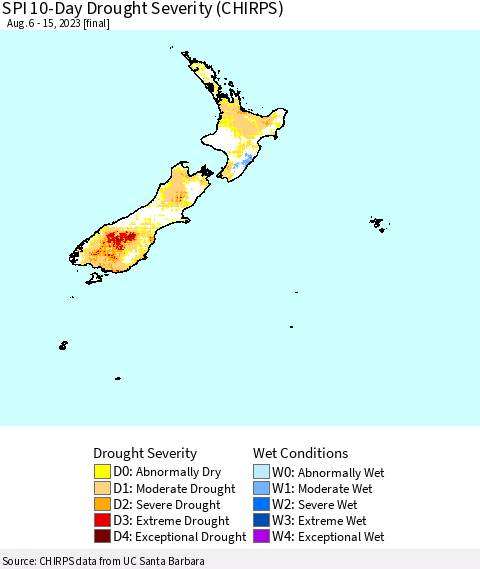 New Zealand SPI 10-Day Drought Severity (CHIRPS) Thematic Map For 8/6/2023 - 8/15/2023