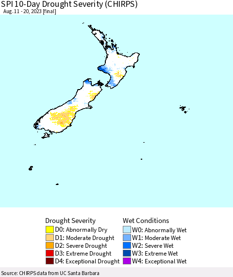 New Zealand SPI 10-Day Drought Severity (CHIRPS) Thematic Map For 8/11/2023 - 8/20/2023