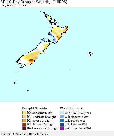 New Zealand SPI 10-Day Drought Severity (CHIRPS) Thematic Map For 8/16/2023 - 8/25/2023