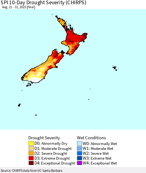 New Zealand SPI 10-Day Drought Severity (CHIRPS) Thematic Map For 8/21/2023 - 8/31/2023