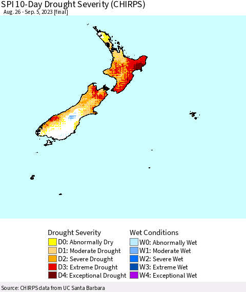 New Zealand SPI 10-Day Drought Severity (CHIRPS) Thematic Map For 8/26/2023 - 9/5/2023