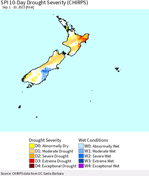 New Zealand SPI 10-Day Drought Severity (CHIRPS) Thematic Map For 9/1/2023 - 9/10/2023
