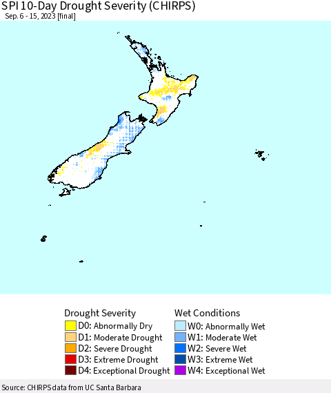 New Zealand SPI 10-Day Drought Severity (CHIRPS) Thematic Map For 9/6/2023 - 9/15/2023