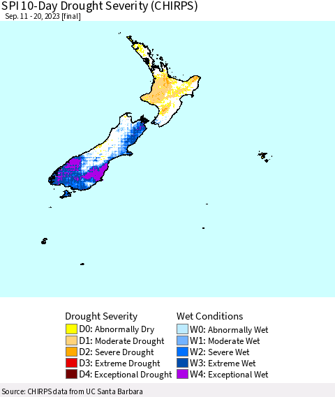 New Zealand SPI 10-Day Drought Severity (CHIRPS) Thematic Map For 9/11/2023 - 9/20/2023