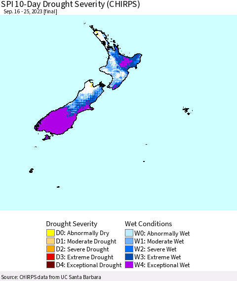 New Zealand SPI 10-Day Drought Severity (CHIRPS) Thematic Map For 9/16/2023 - 9/25/2023