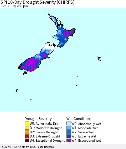 New Zealand SPI 10-Day Drought Severity (CHIRPS) Thematic Map For 9/21/2023 - 9/30/2023