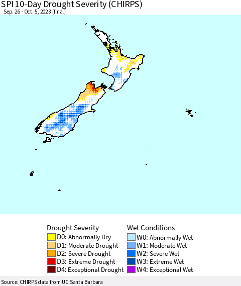 New Zealand SPI 10-Day Drought Severity (CHIRPS) Thematic Map For 9/26/2023 - 10/5/2023