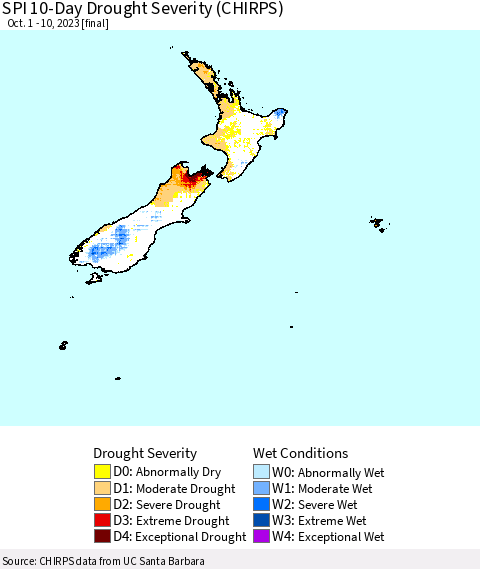 New Zealand SPI 10-Day Drought Severity (CHIRPS) Thematic Map For 10/1/2023 - 10/10/2023