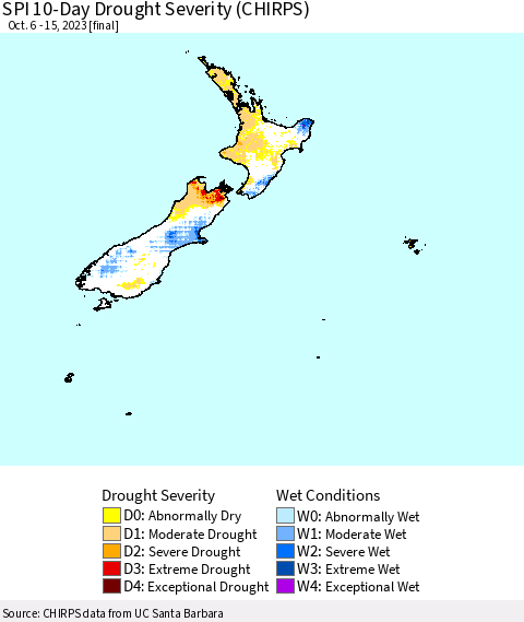New Zealand SPI 10-Day Drought Severity (CHIRPS) Thematic Map For 10/6/2023 - 10/15/2023