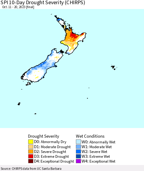 New Zealand SPI 10-Day Drought Severity (CHIRPS) Thematic Map For 10/11/2023 - 10/20/2023