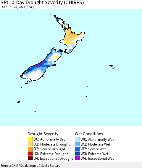 New Zealand SPI 10-Day Drought Severity (CHIRPS) Thematic Map For 10/16/2023 - 10/25/2023