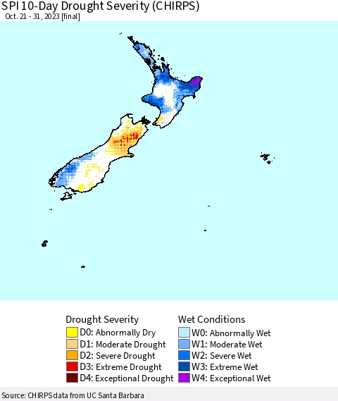 New Zealand SPI 10-Day Drought Severity (CHIRPS) Thematic Map For 10/21/2023 - 10/31/2023