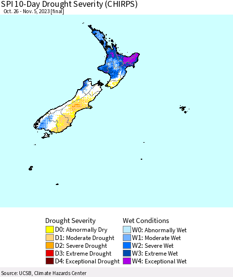 New Zealand SPI 10-Day Drought Severity (CHIRPS) Thematic Map For 10/26/2023 - 11/5/2023