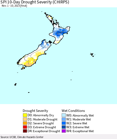 New Zealand SPI 10-Day Drought Severity (CHIRPS) Thematic Map For 11/1/2023 - 11/10/2023
