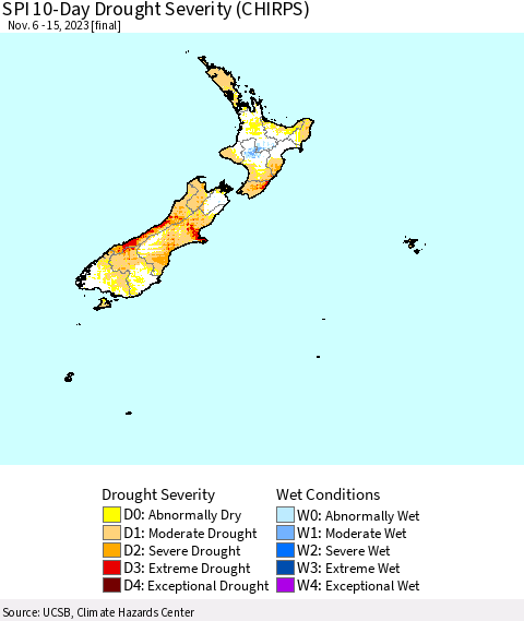 New Zealand SPI 10-Day Drought Severity (CHIRPS) Thematic Map For 11/6/2023 - 11/15/2023