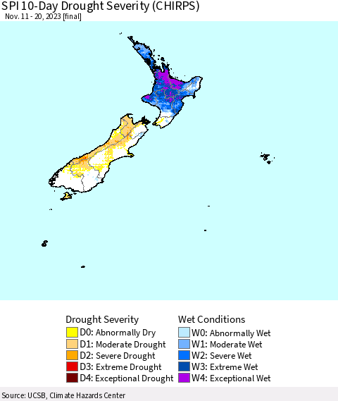 New Zealand SPI 10-Day Drought Severity (CHIRPS) Thematic Map For 11/11/2023 - 11/20/2023