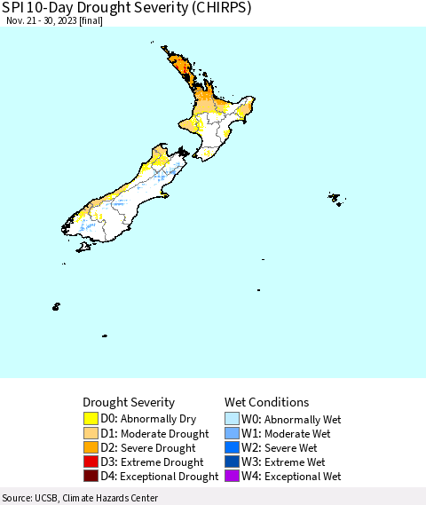 New Zealand SPI 10-Day Drought Severity (CHIRPS) Thematic Map For 11/21/2023 - 11/30/2023