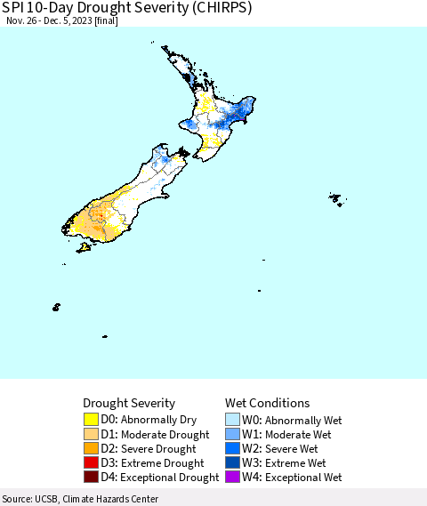 New Zealand SPI 10-Day Drought Severity (CHIRPS) Thematic Map For 11/26/2023 - 12/5/2023