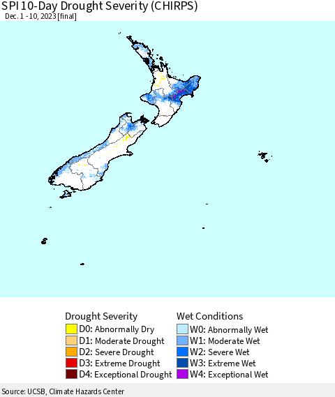 New Zealand SPI 10-Day Drought Severity (CHIRPS) Thematic Map For 12/1/2023 - 12/10/2023