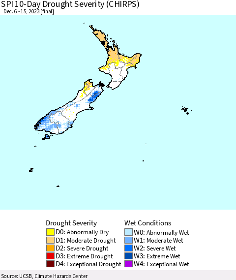 New Zealand SPI 10-Day Drought Severity (CHIRPS) Thematic Map For 12/6/2023 - 12/15/2023