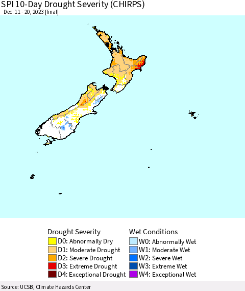 New Zealand SPI 10-Day Drought Severity (CHIRPS) Thematic Map For 12/11/2023 - 12/20/2023