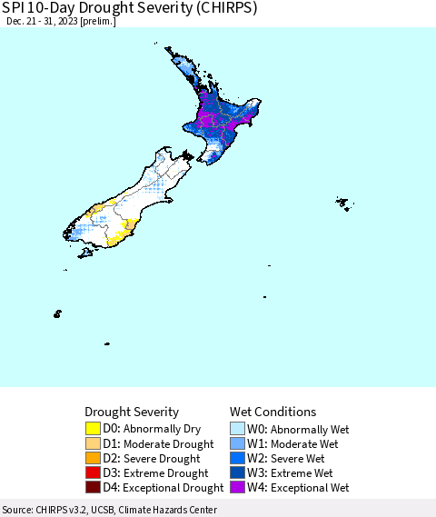 New Zealand SPI 10-Day Drought Severity (CHIRPS) Thematic Map For 12/21/2023 - 12/31/2023