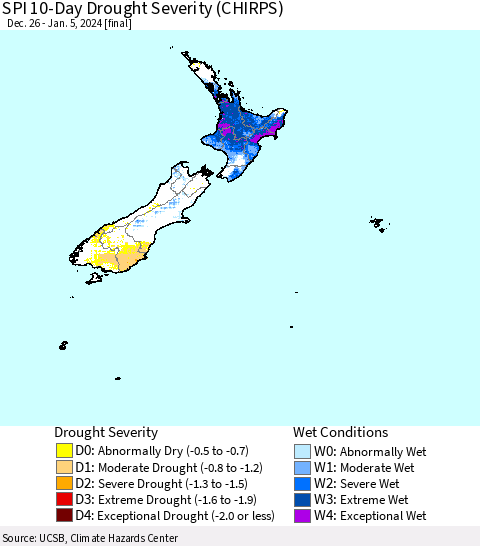 New Zealand SPI 10-Day Drought Severity (CHIRPS) Thematic Map For 12/26/2023 - 1/5/2024