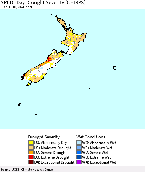 New Zealand SPI 10-Day Drought Severity (CHIRPS) Thematic Map For 1/1/2024 - 1/10/2024